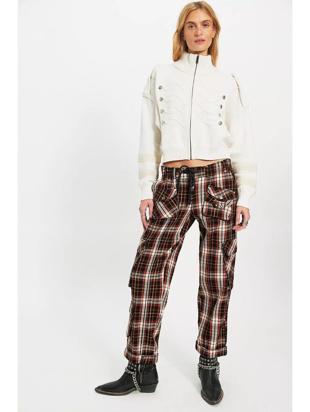 FREE PEOPLE Tahiti Pull On Plaid Cargo Tie Pants Brown Black NWT [COPY]